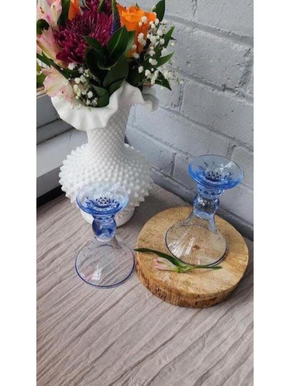 Pair of Vintage Blue Glass Reversible Candlesticks